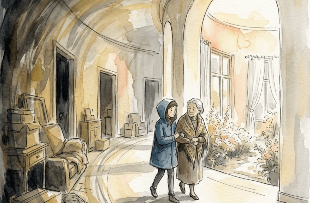 Watercolor illustration of a younger person supporting an older person walking arm-in-arm from a shadowed area toward a bright, sunlit room.