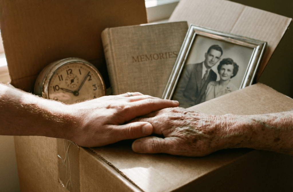 lose-up of an adult's hand resting gently on an older person's hand atop a packing box filled with books and mementos near a window.