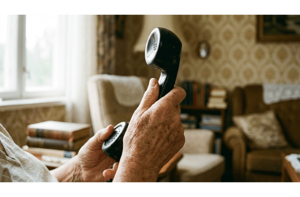 Close-up of an elderly person's hands holding a telephone receiver upside down in a dimly lit room, illustrating confusion with everyday objects.