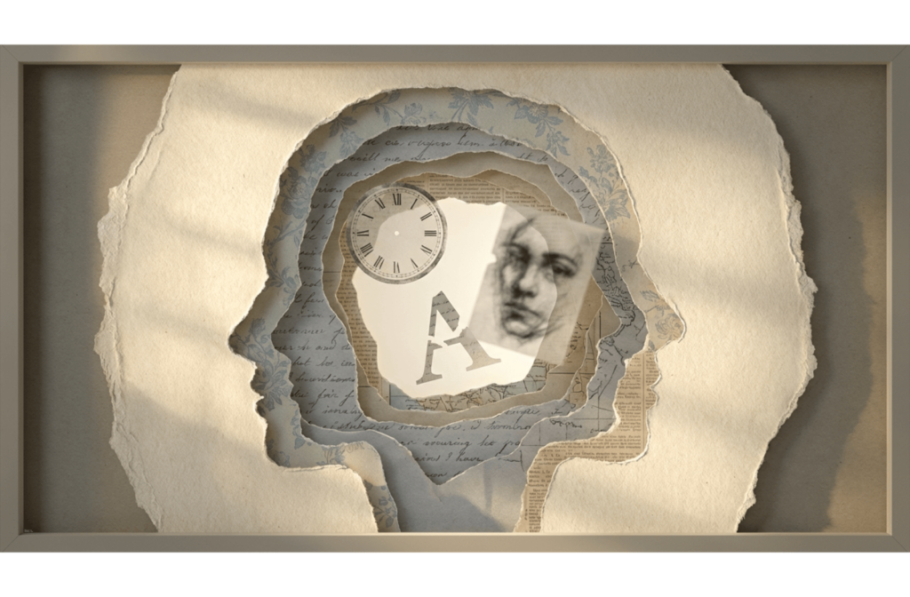 Layered paper cutout illustration of a head profile containing fragmented objects and broken patterns, symbolizing cognitive decline.