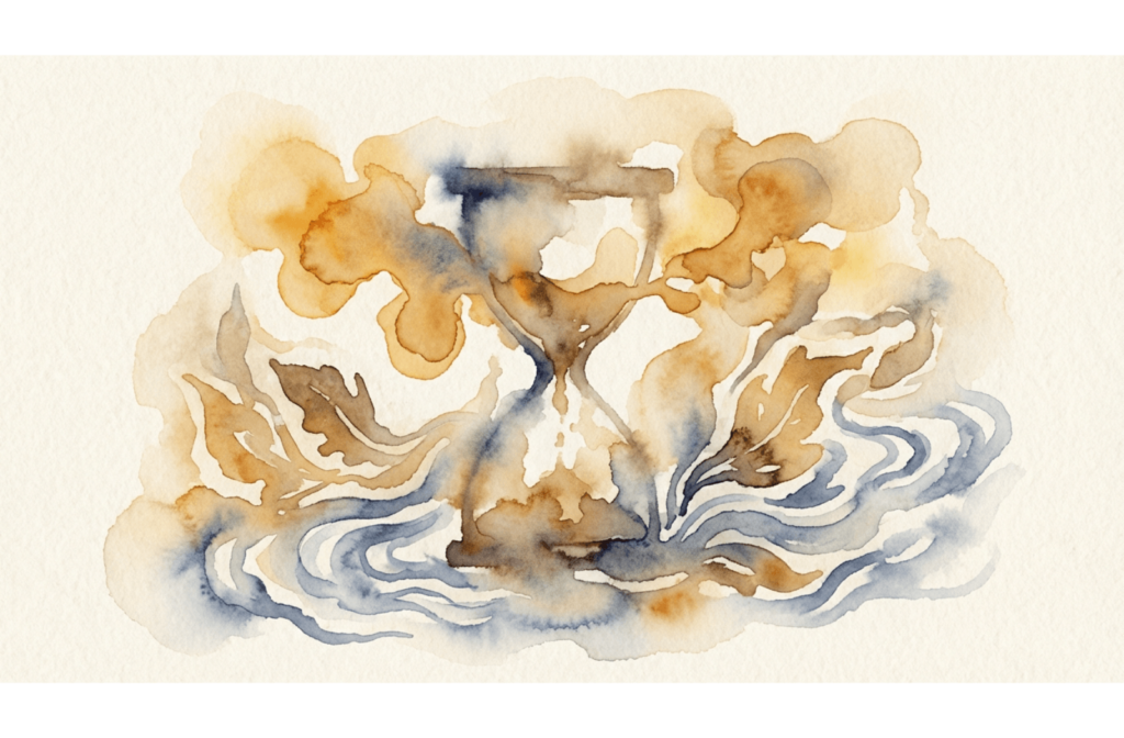 Abstract watercolor painting of an hourglass where the contents flow into organic leaf-like shapes in amber and indigo tones.