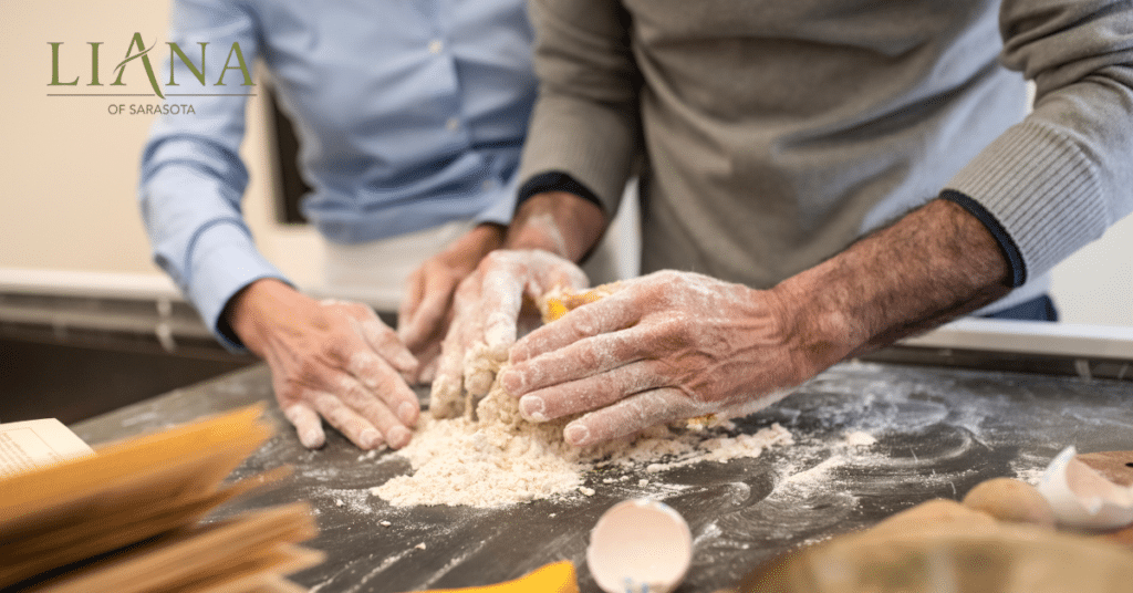 Older adults making dough together during hands-on sensory activities for seniors